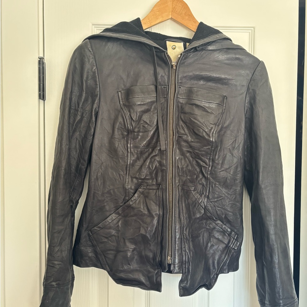 Black Leather Hooded Zip Jacket